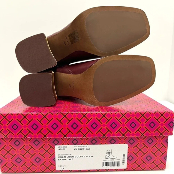 Tory Burch Multi Logo Buckle Boot Ankle Booties Square Toe Claret Burgundy 10 - Picture 8 of 14